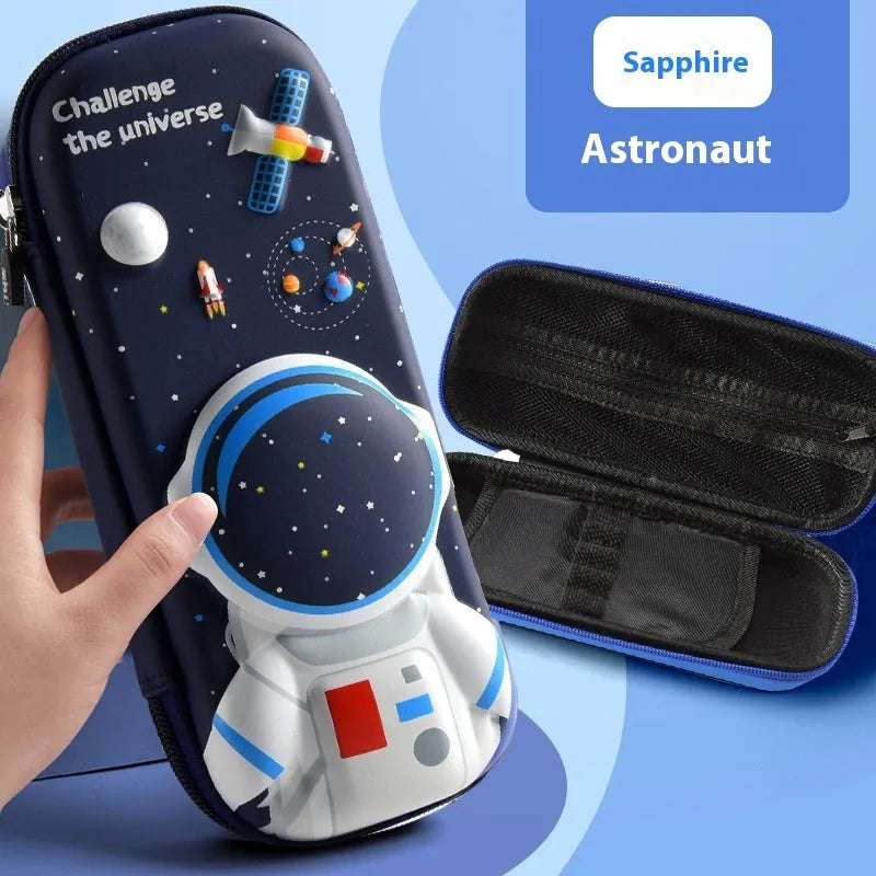 3D leather pencil case with decorative design options including astronauts, dinosaurs and mermaids