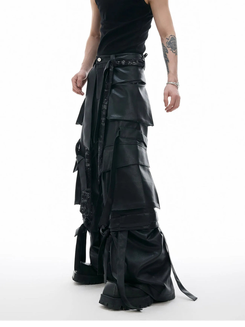 Black loose fit retro trousers with quilted stitching detail and multiple pockets