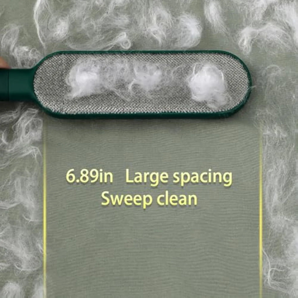 Blue reusable pet hair remover brush with storage base for collecting shed hair from fabrics.