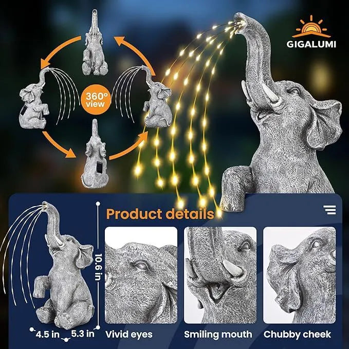 Resin elephant garden sculpture with integrated LED lighting for outdoor decoration