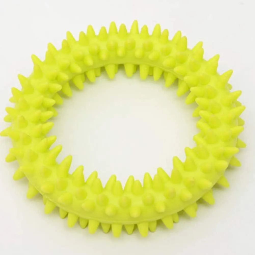TPR spiky circle ring dog chew toy in various colours showing textured dental cleaning nubs