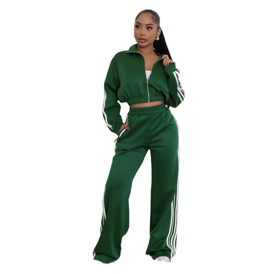 Striped two-piece polyester sweater set with zipper detail in street hipster style