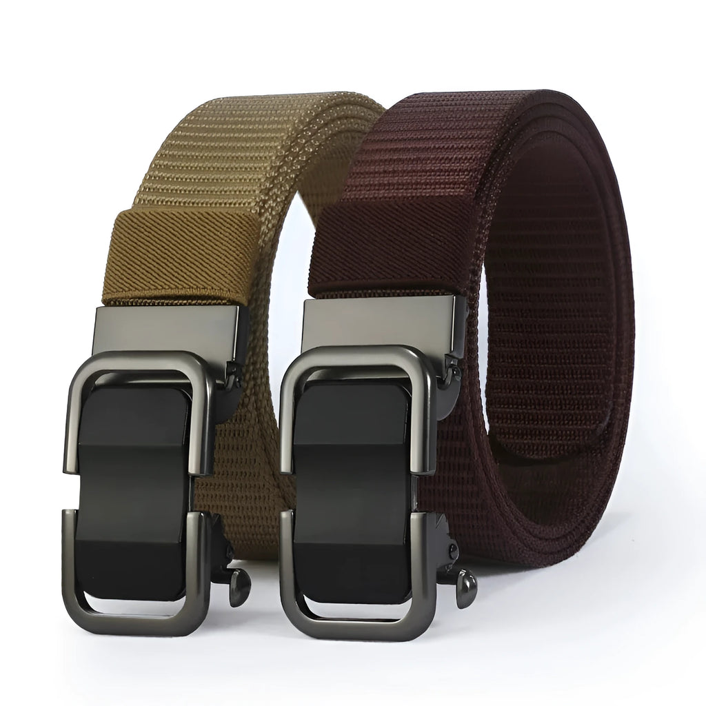 Men's blue nylon canvas belt with a silver alloy buckle, showing the 120cm toothless strap design.