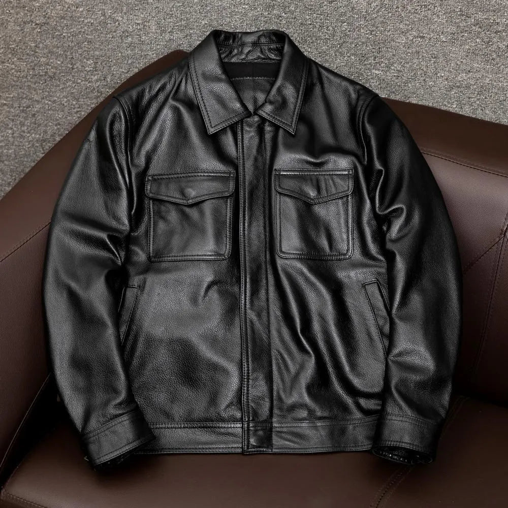Leather pattern lapel jacket in loose fit with side seam pockets for men
