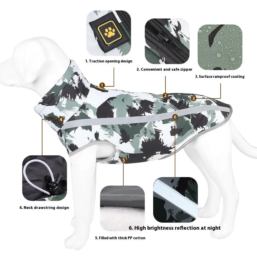 Reflective thick polyester dog jacket for large breeds in geometric blue or graffiti print.