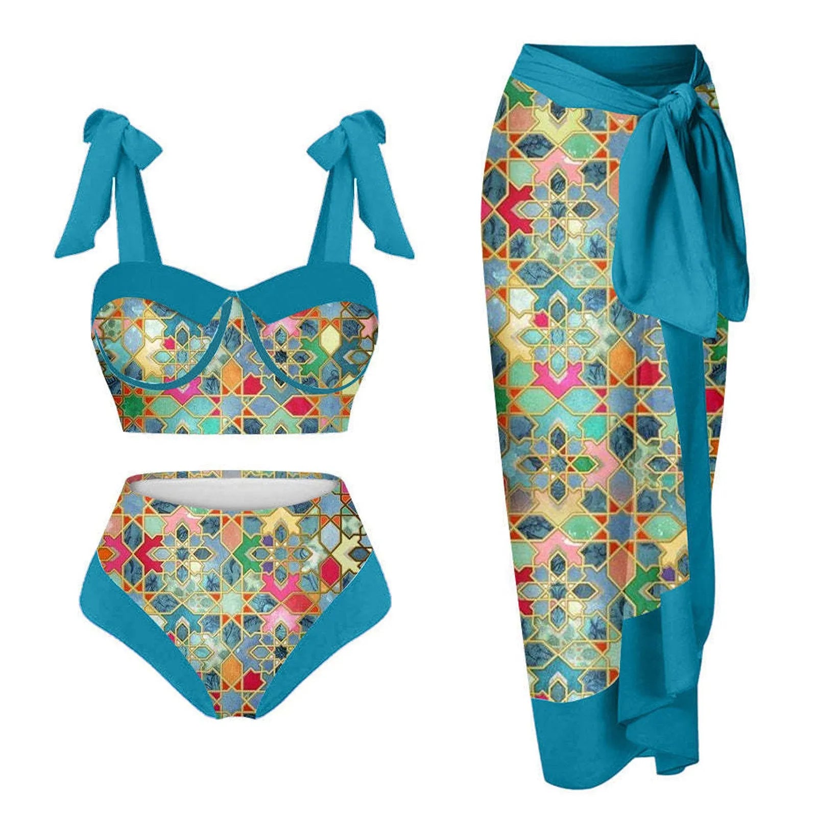 Women's three-piece swimsuit set with printing pattern showing skirt, bra and panties components