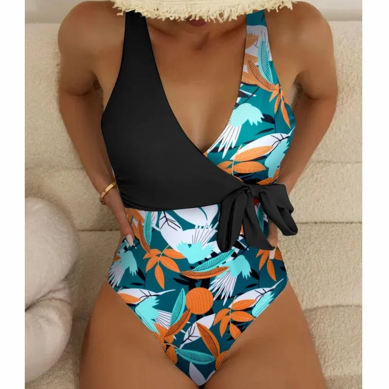 Women's high-waist one-piece swimsuit in printed pattern design with polyester and nylon construction