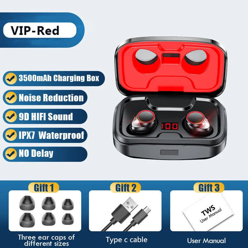 Black Bluetooth wireless earbuds with charging case that functions as mobile phone power bank