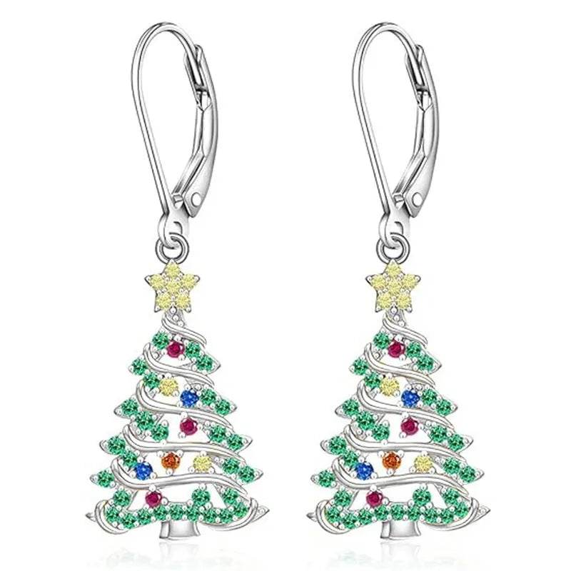 Women's Christmas tree earrings with white gold colour finish and star design elements