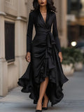 V-neck high waist asymmetric hem dress in polyester available in navy blue wine red and black