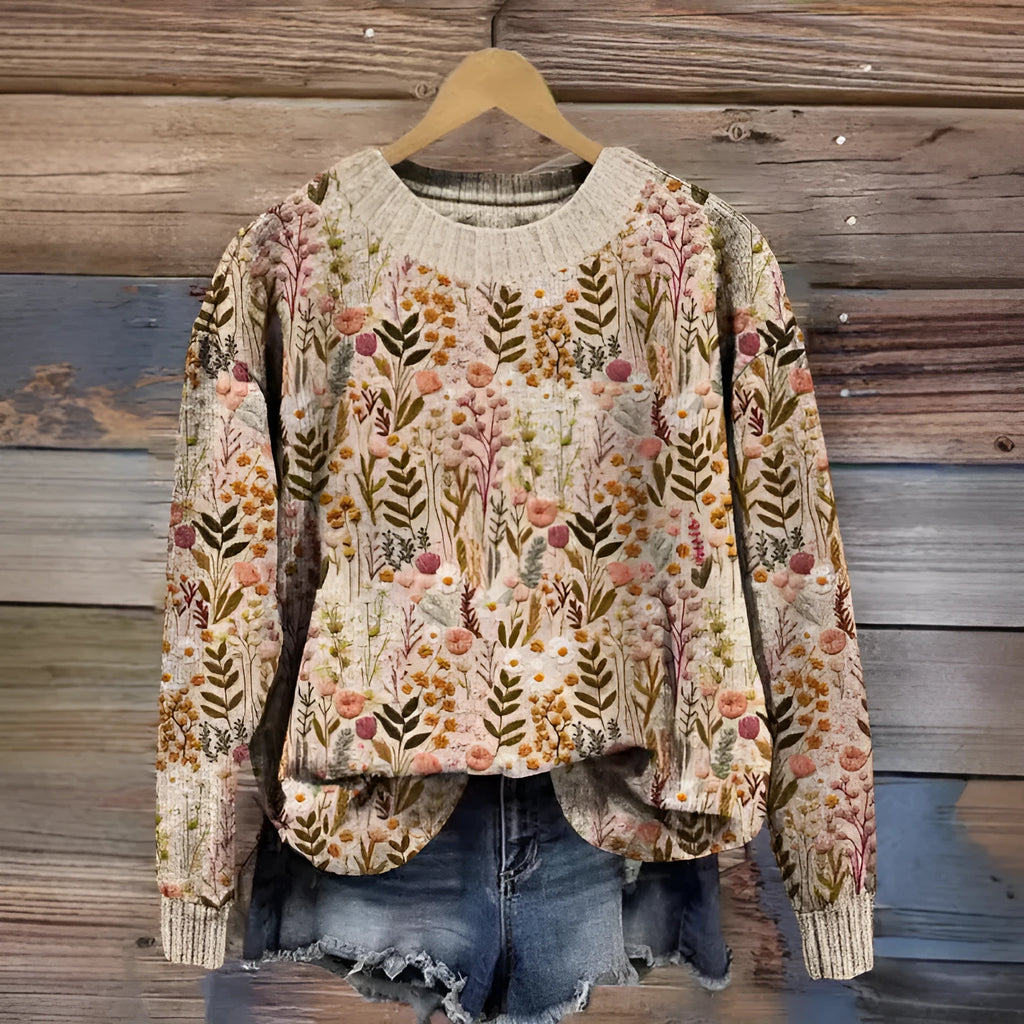 Little Flower digital printed round neck long sleeve sweater on a hanger