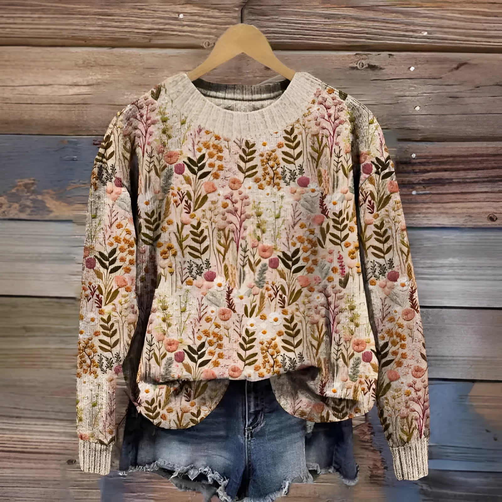 Little Flower digital printed round neck long sleeve sweater on a hanger
