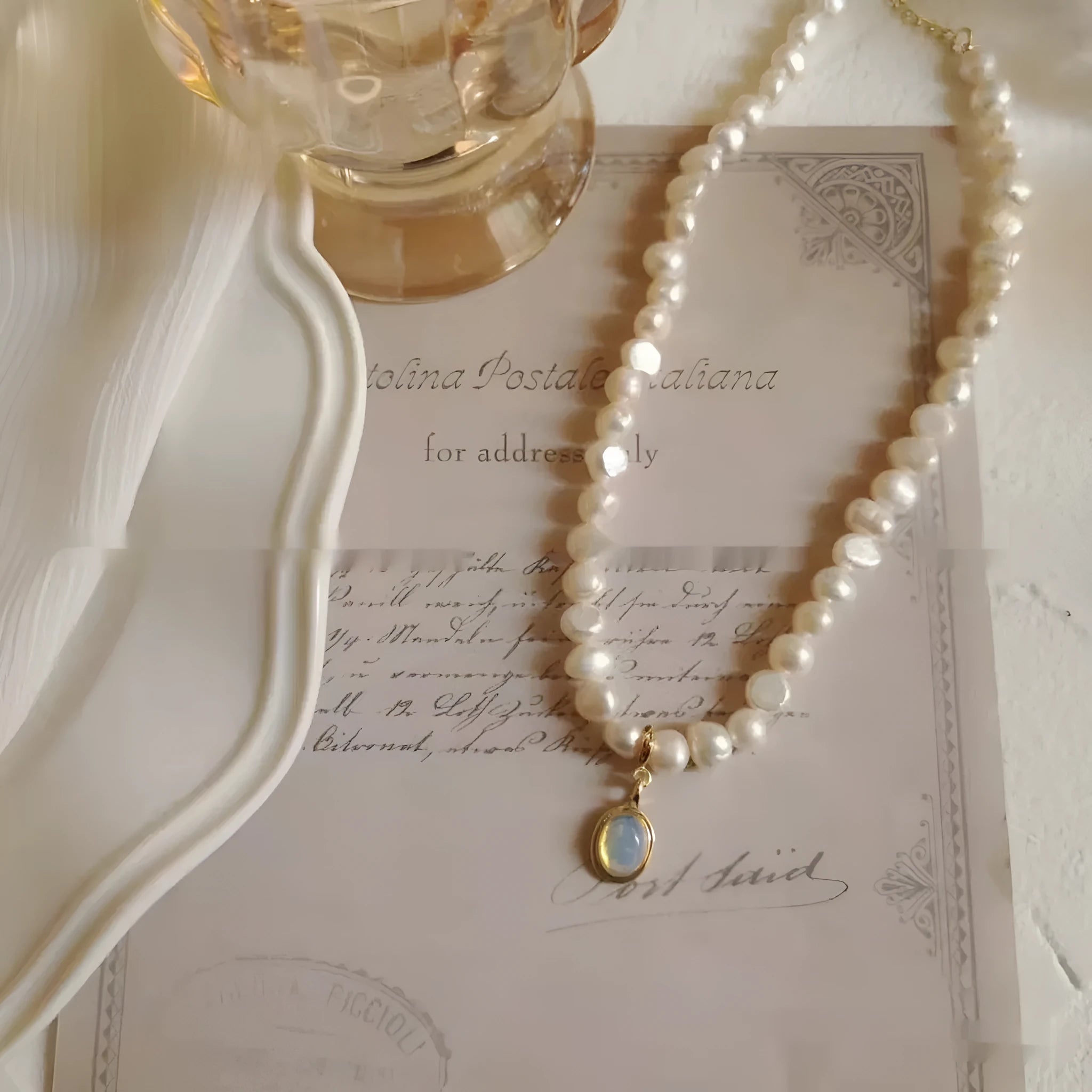 French court vintage style pearl necklace with geometric shape and adjustable length