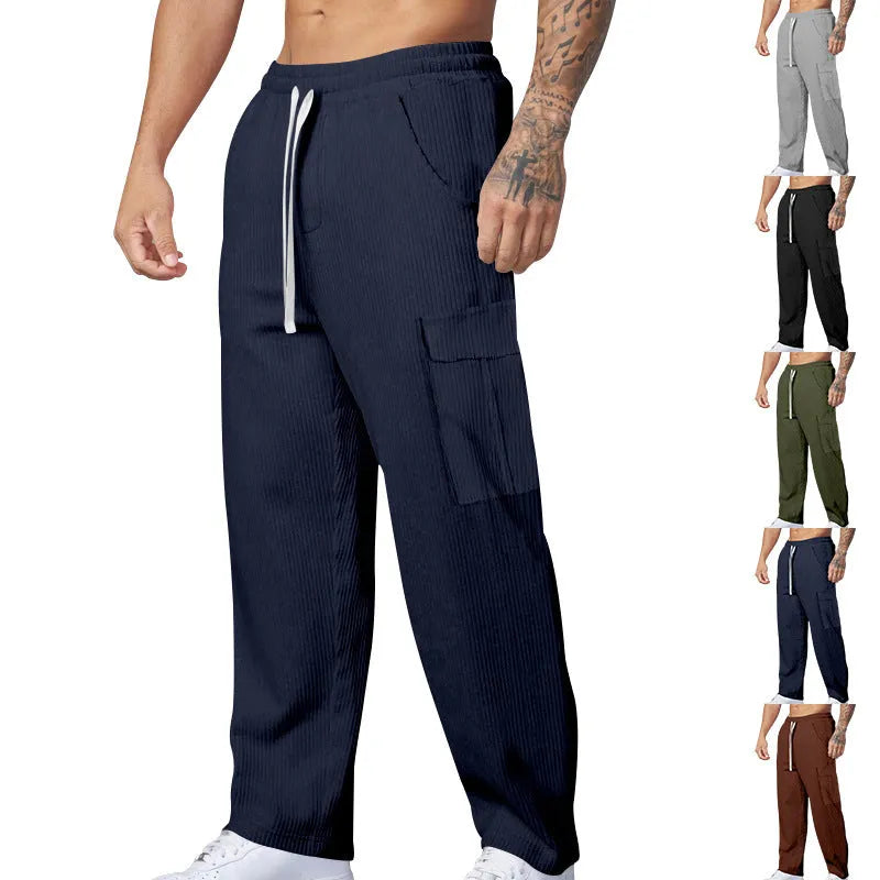 Men's corduroy cargo trousers with elastic waistband in straight-leg wide-leg design