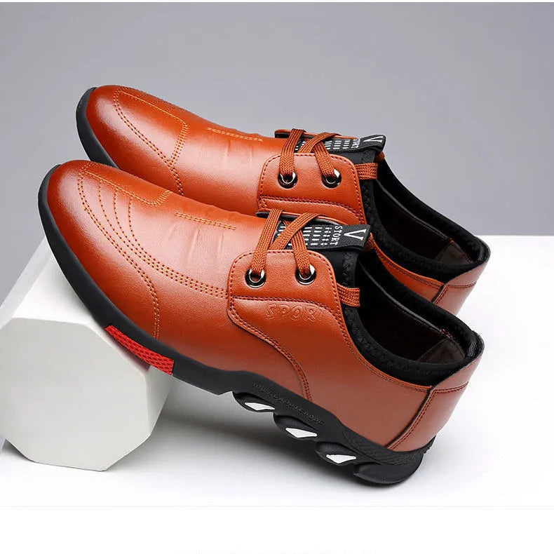 Men's black and brown PU leather shoes with flat heel business casual design