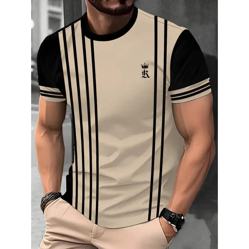 Men's striped short-sleeve T-shirt with digital 3D printing in loose business casual style