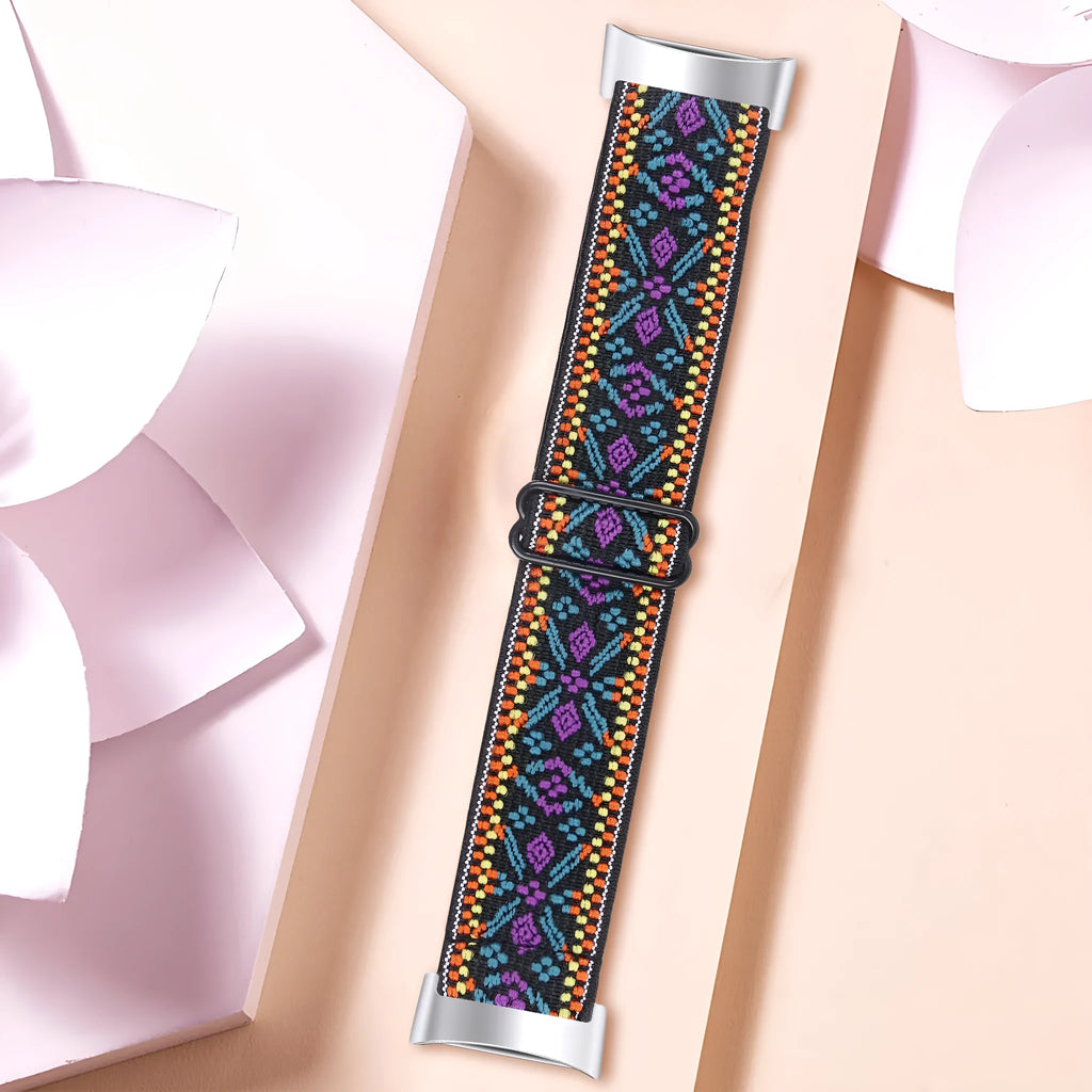 Adjustable printed elastic replacement watch strap for Fitbit Charge 6 in multiple colour options.
