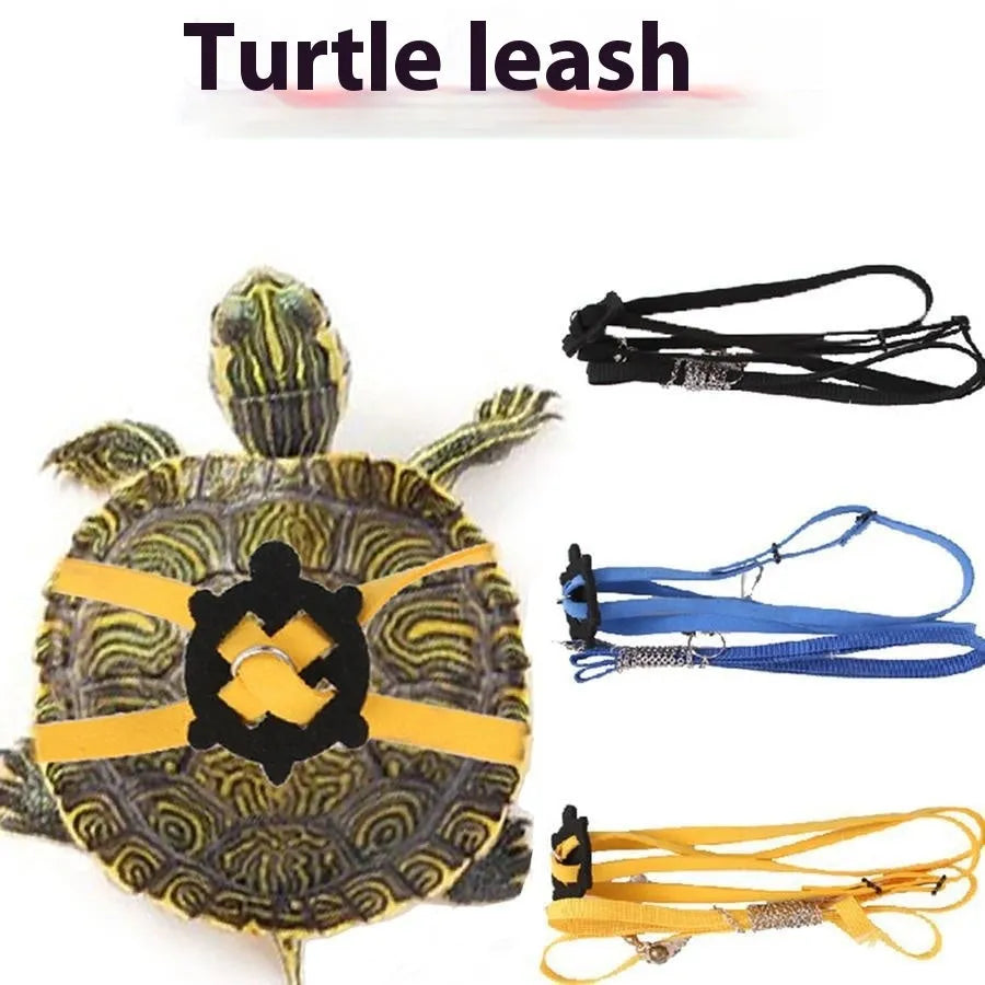 Adjustable pet turtle vest harness with bell in yellow on blue background