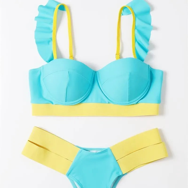 Women's steel bracket push-up bikini swimsuit in contrast colours: black, blue, peacock blue, and rose red.
