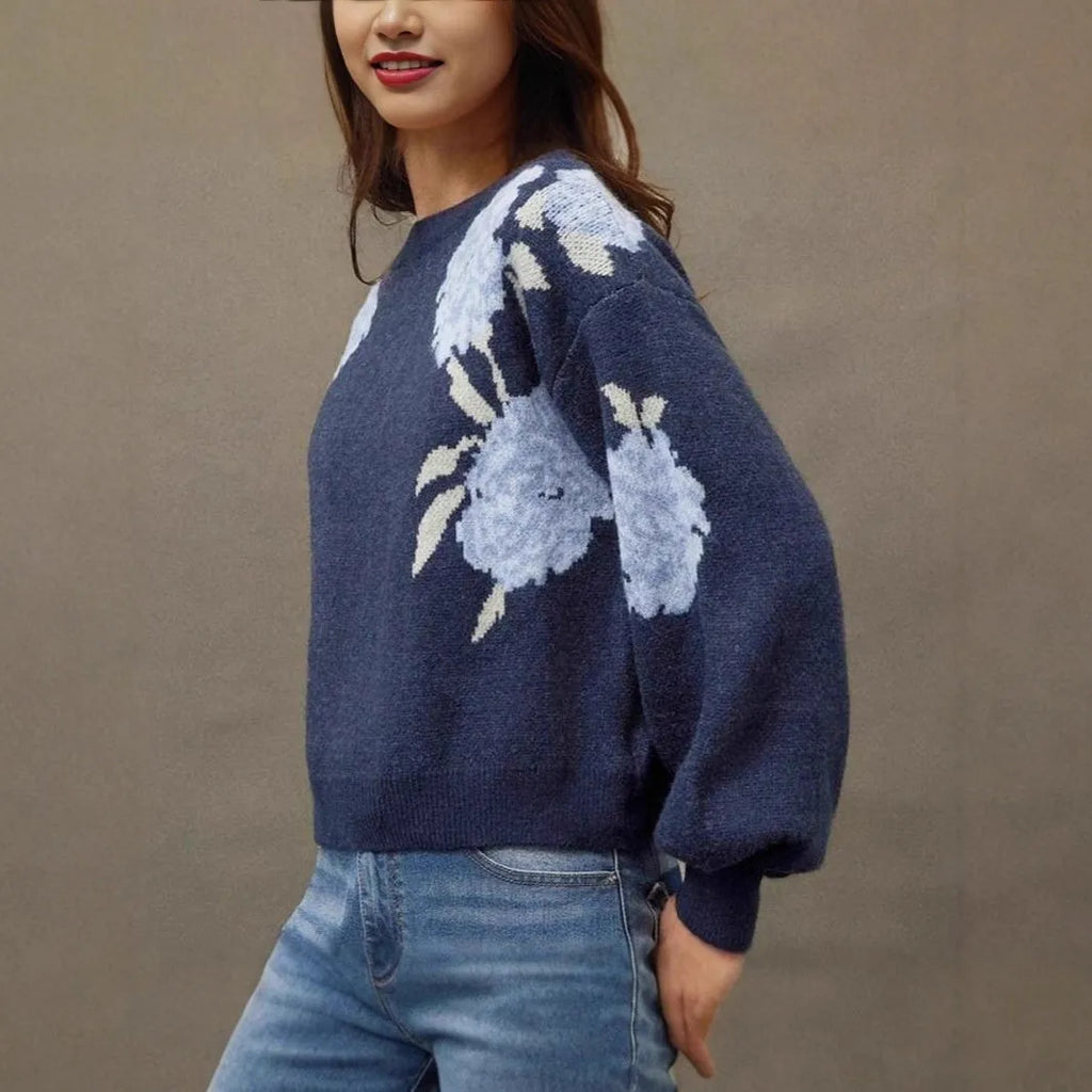 Sapphire Blue women's pullover sweater with flower jacquard pattern and loose casual fit