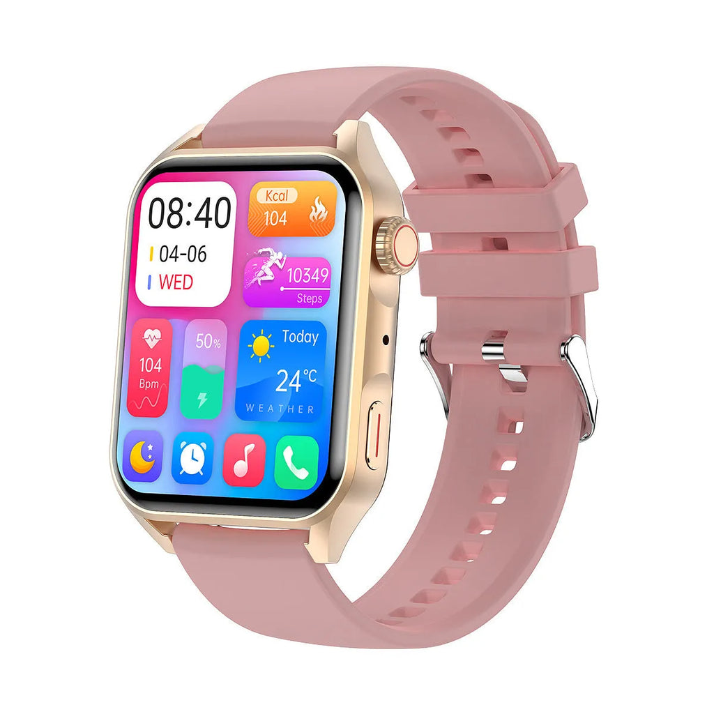 Smart watch with AMOLED display and silicone strap showing multiple watch face designs