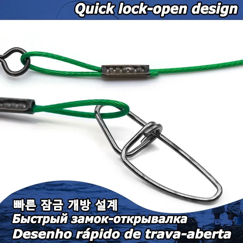 Set of ten 54 cm long green, black, and red fishing steel wire accessories with double buckle pins.