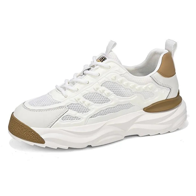 Men's solid colour PU mesh casual trainers in black or white on a white background.