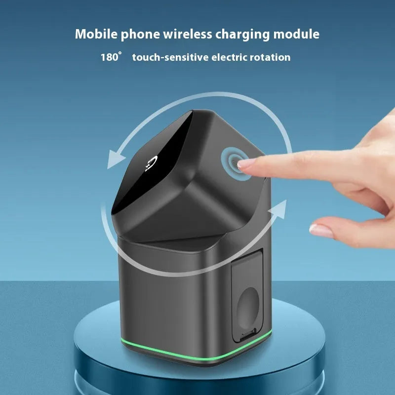 Black magnetic wireless phone charging stand showing 180-degree rotation adjustment.