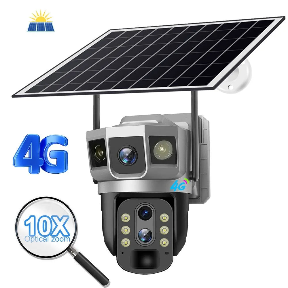 V380 4G outdoor security camera with solar panel and 10x zoom lens