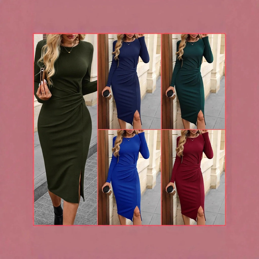 Solid colour knot waist bodycon dress with long sleeves and slit hem in burgundy knitted polyester fabric