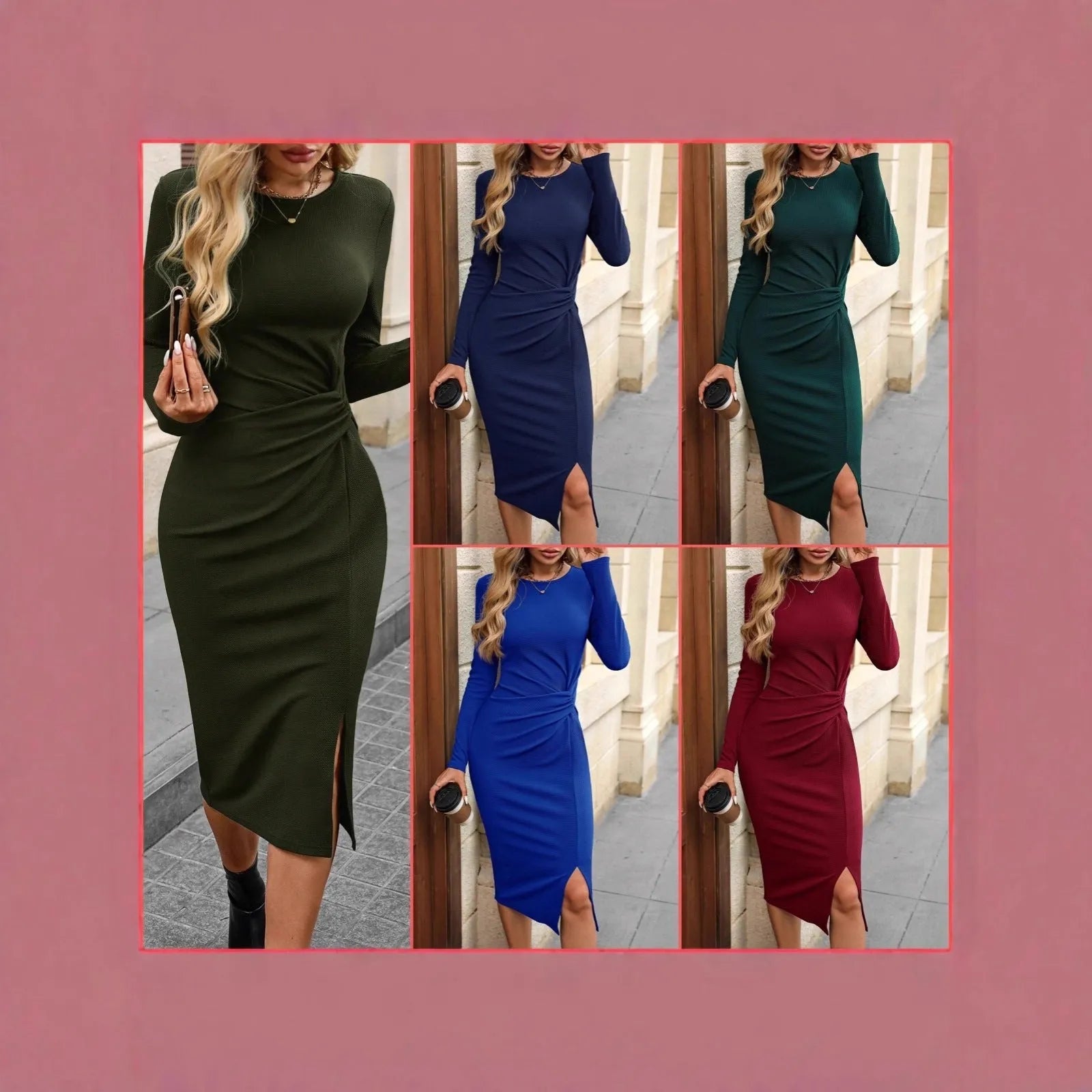Solid colour knot waist bodycon dress with long sleeves and slit hem in burgundy knitted polyester fabric