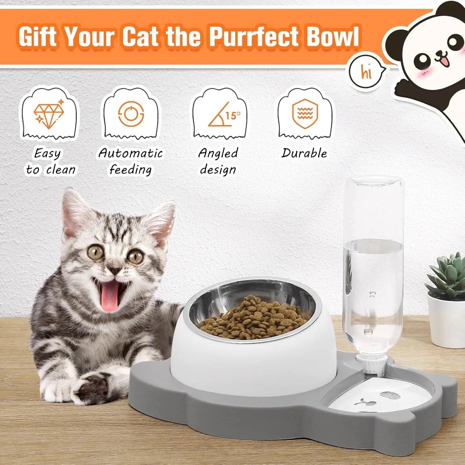 Grey panda-shaped tilted pet bowl set with stainless steel dish and automatic water bottle