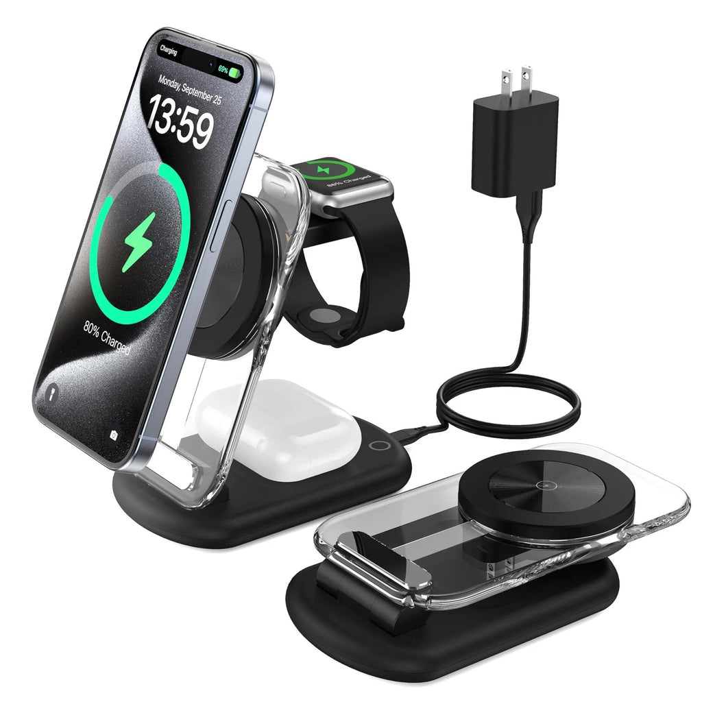 Transparent folding three-in-one magnetic wireless charger showing internal components