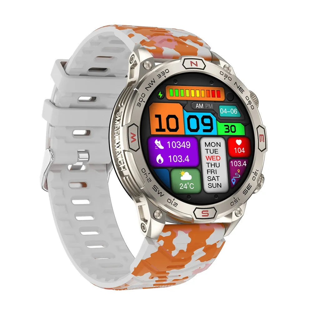 Black sports smartwatch with AMOLED screen on a silicone strap, showing fitness data.