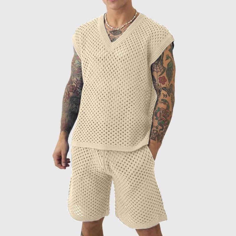 Men's blue V-neck knitted vest and shorts sports set for summer