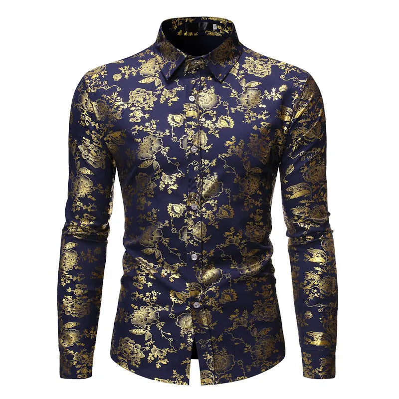 Men's casual long sleeve shirt with a metal bronzing printed lapel in a cardigan style.