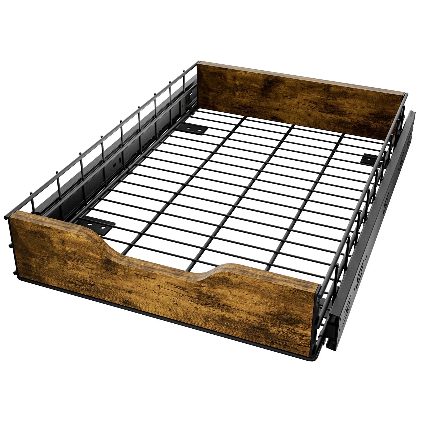 Black storage rack with wood and iron construction featuring pull basket design for household organisation