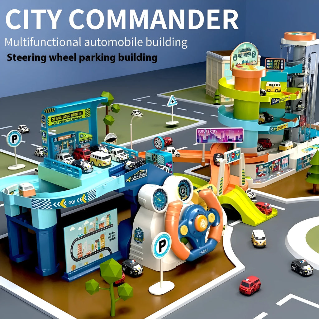 Children's adventure steering wheel car building set with 4 cars and urban traffic rail medium English version