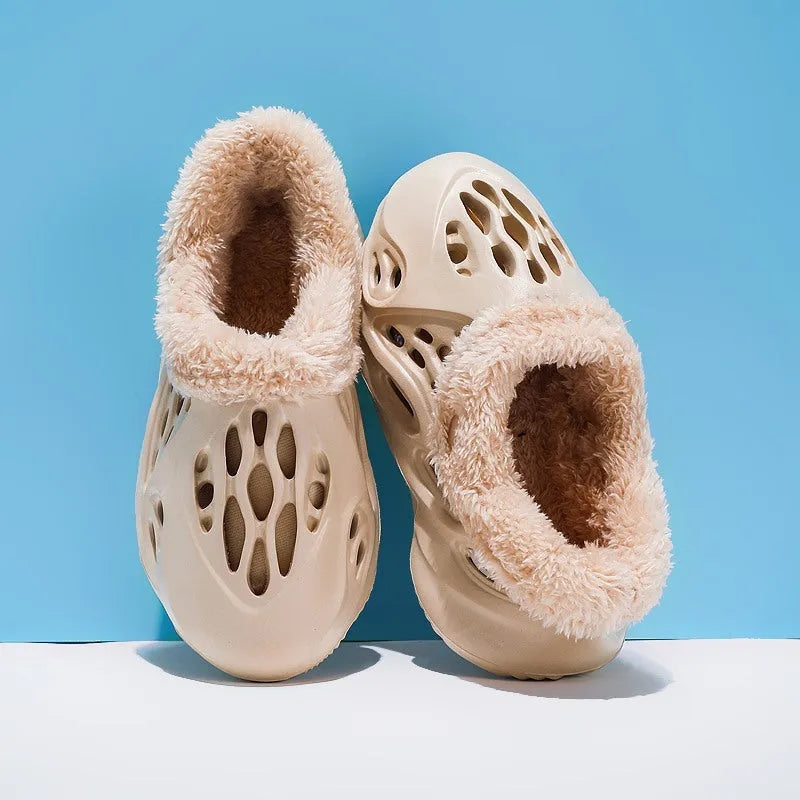 Unisex EVA hole slip slippers in apricot with removable warm plush cover on a light background
