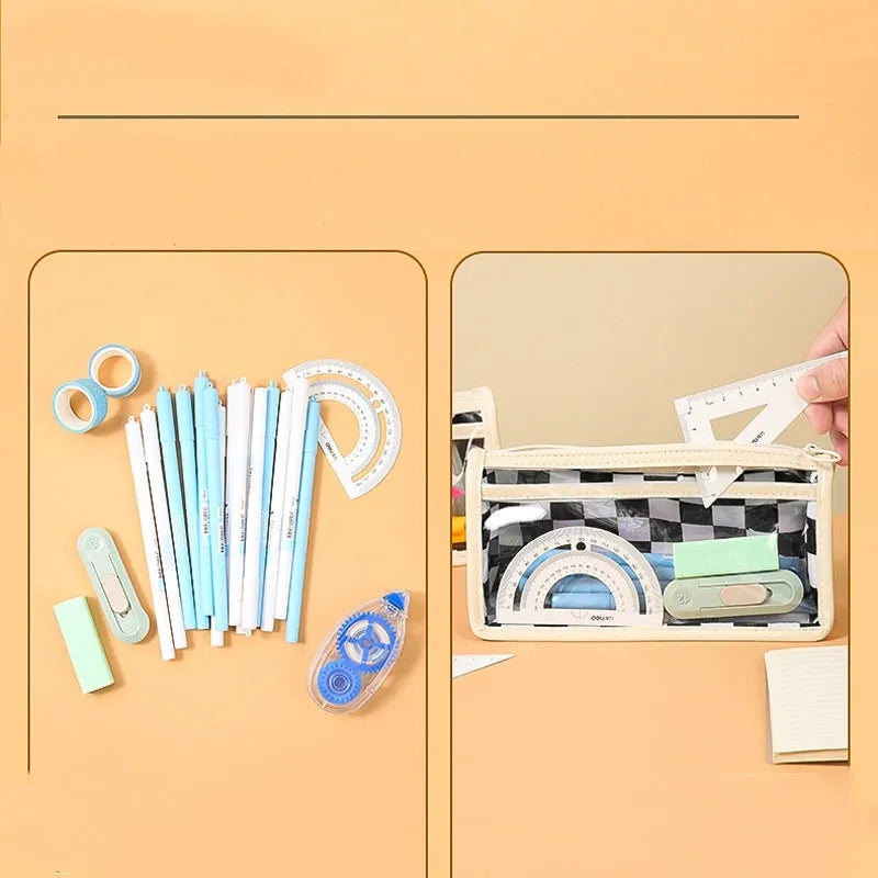 Transparent PVC pencil case with chessboard pattern measuring 21.5 cm long
