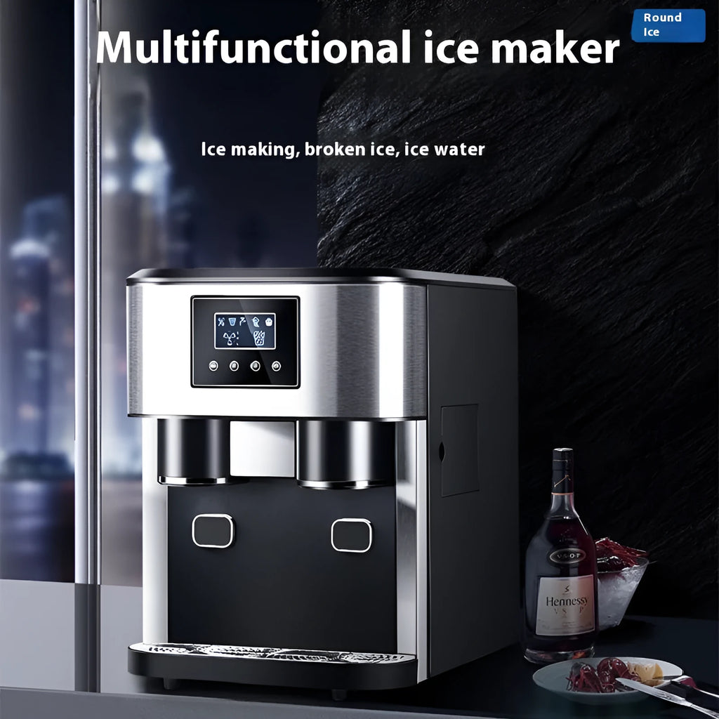 Black desktop ice maker with stainless steel components showing ice production, crushing, and water dispensing functions
