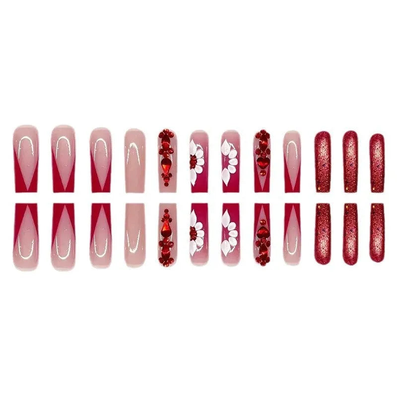 Sweet floral pattern fake nails with prismatic red diamonds in European square shape