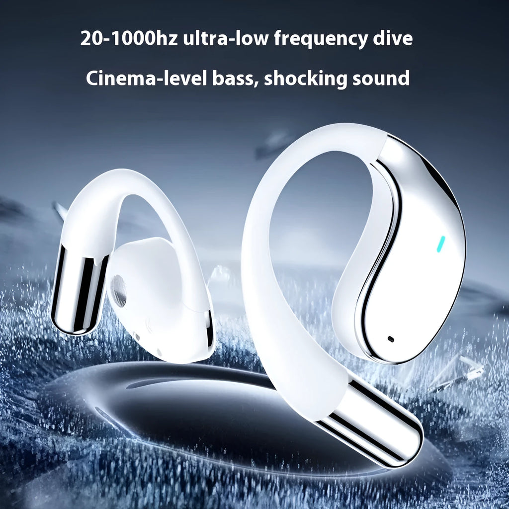 Black sports Bluetooth earphones with hanging ear design showing digital display screen