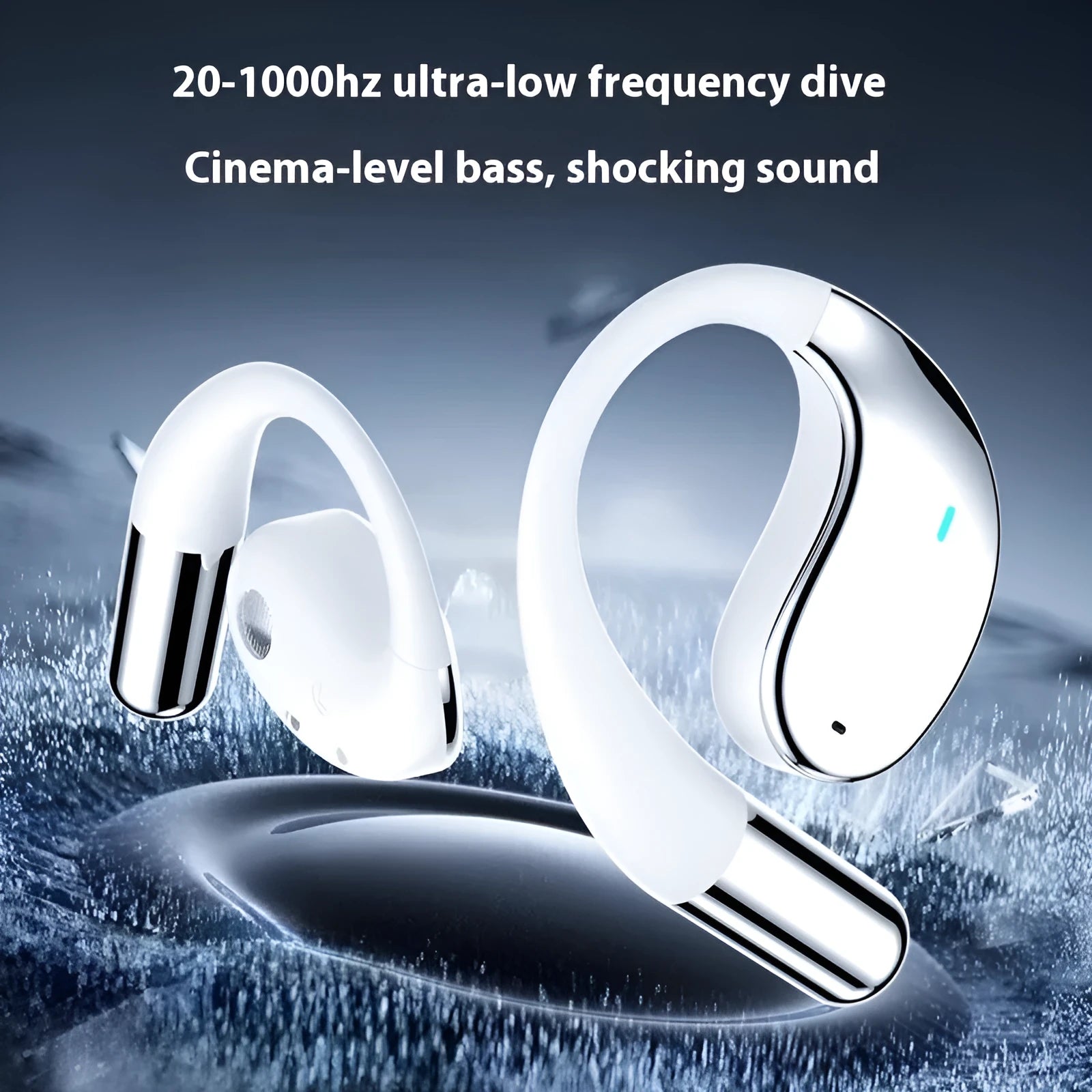 Black sports Bluetooth earphones with hanging ear design showing digital display screen