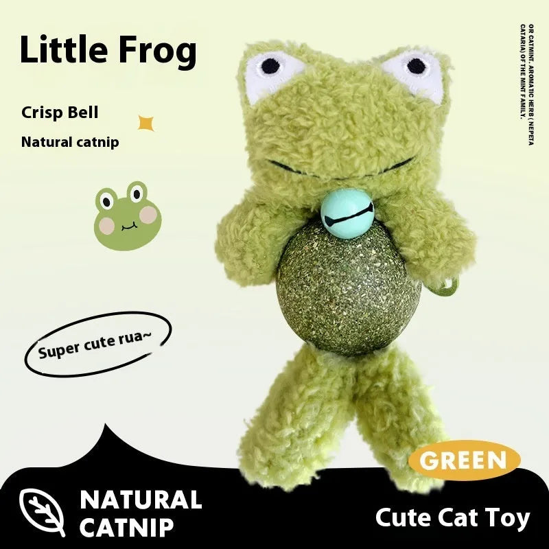 Plush catnip ball toy with bell in brown bear design showing 15cm height
