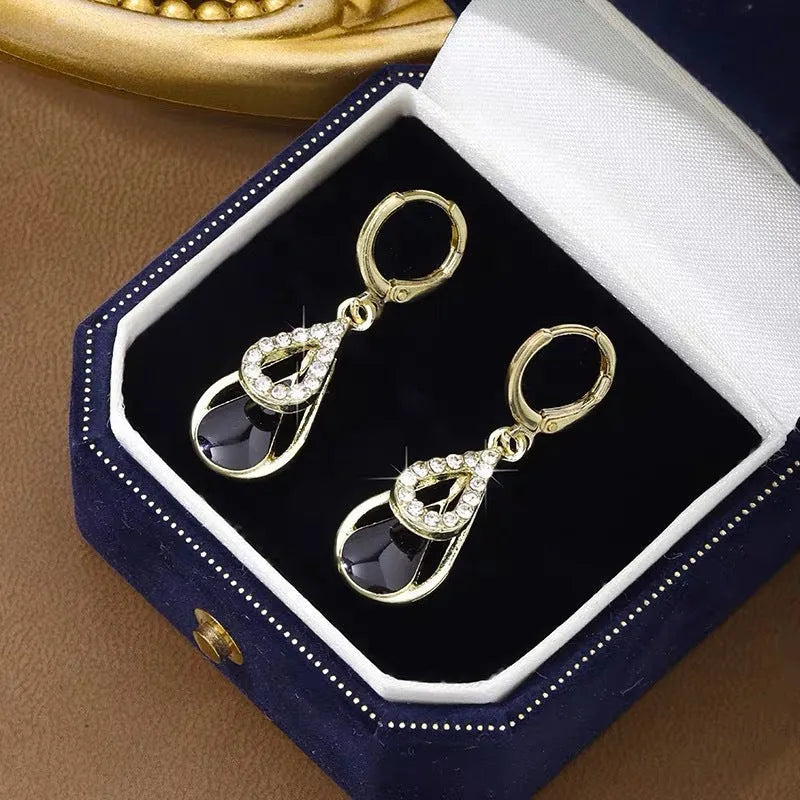 Light luxury diamond-inlaid drop hollow double-layer earrings in black oil drop colour for women