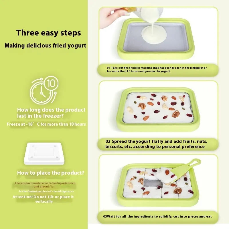 Green children's DIY fried yogurt machine for making homemade frozen desserts, 22.5cm wide.