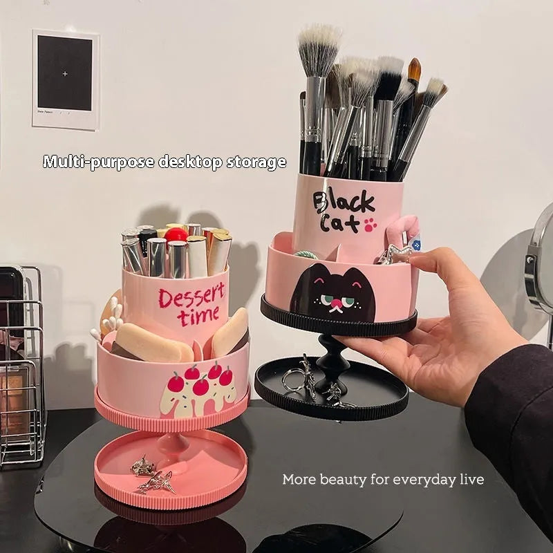 Rotating beige cosmetic brush storage barrel with 18-litre capacity and a separate storage rack on a table.