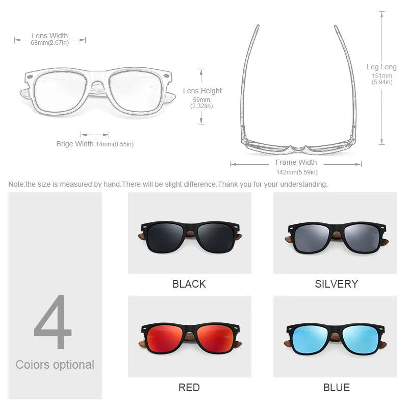 Polarized sunglasses with bamboo and wood frame, Blue Mercury coloured TAC lens, PC frame, in box