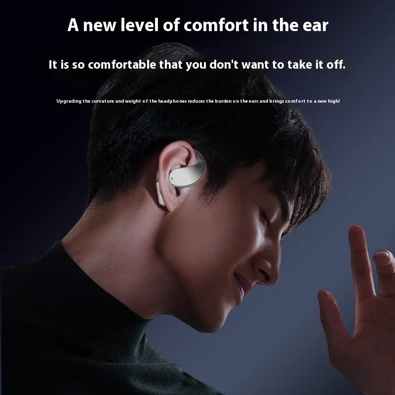 Black sports Bluetooth earphones with hanging ear design showing digital display screen